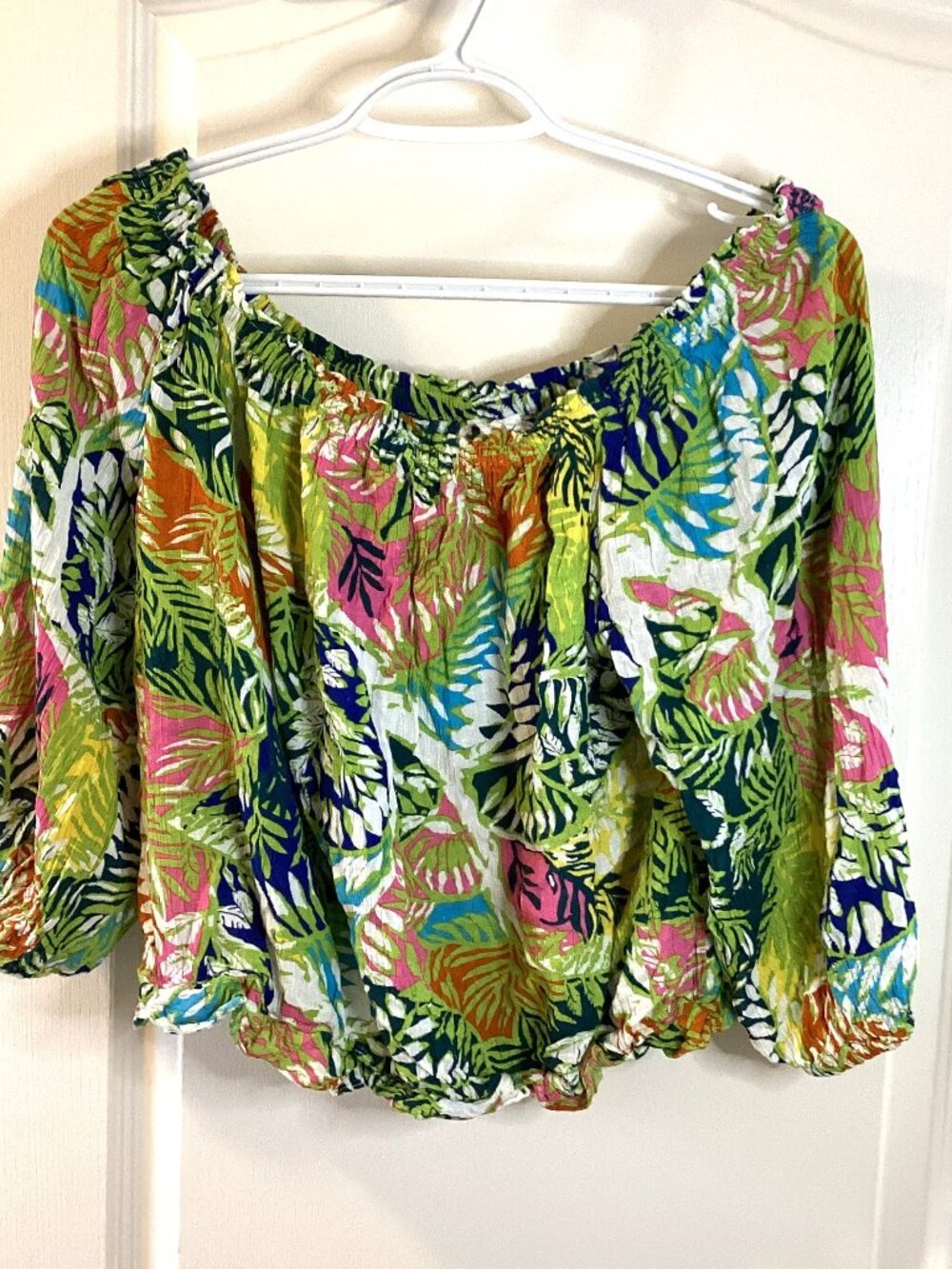 Nicole Miller Women's Cropped Off The Shoulder Top Blouse Size L Colorful